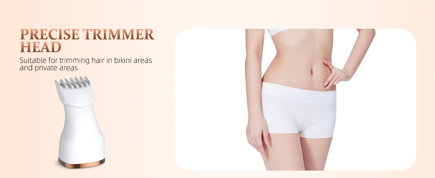 HOHOLE precise trimmer head designed for trimming hair in bikini and private areas, shown alongside a woman in white shorts to highlight targeted grooming zones.
