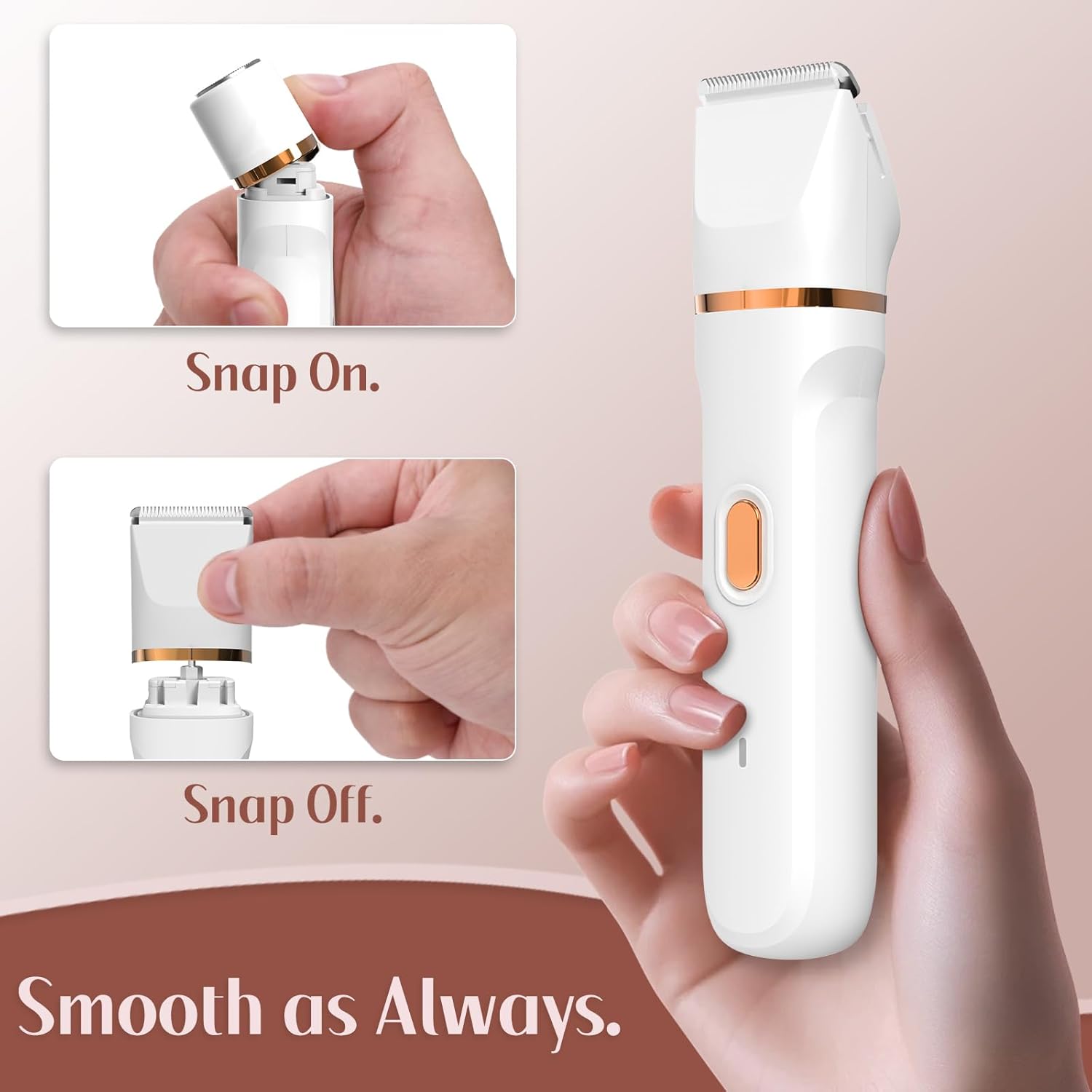 HOHOLE 5-in-1 trimmer showing how to snap interchangeable heads on and off, with close-up of hand holding the device and the text “Smooth as Always.”