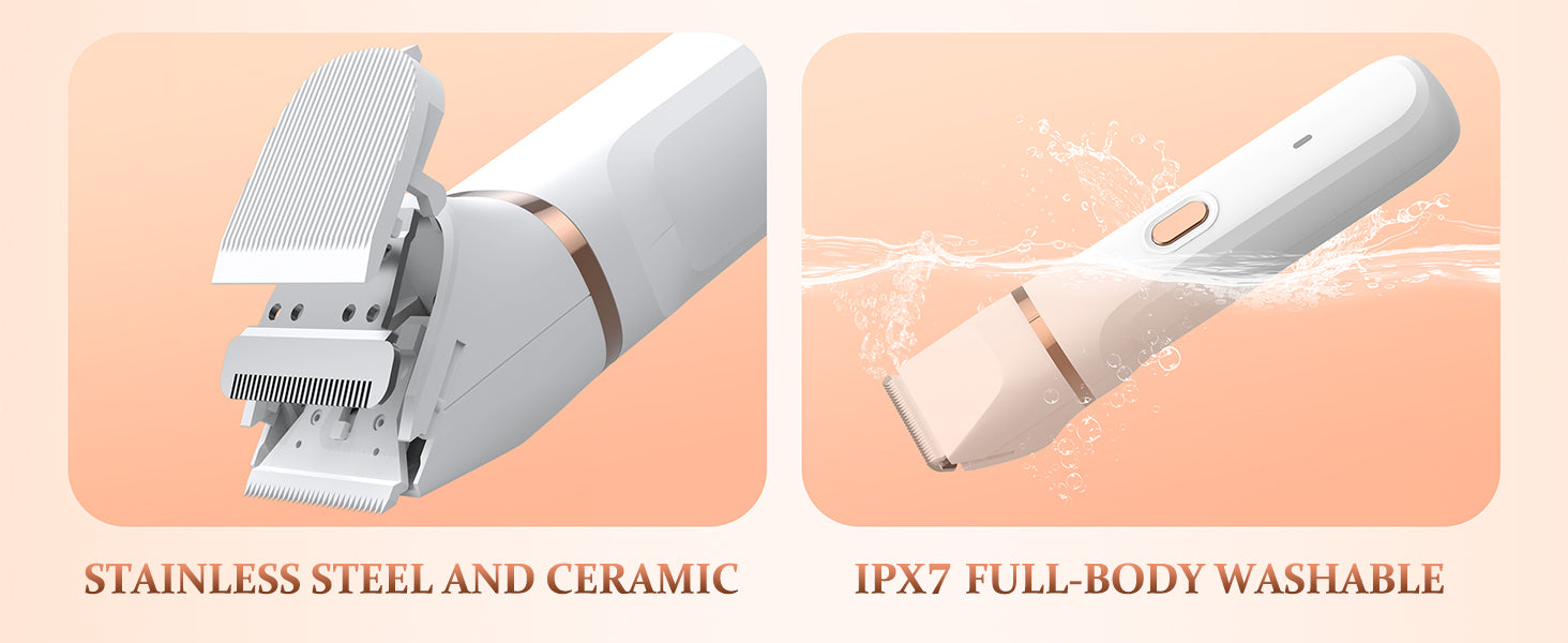 Close-up of HOHOLE 5-in-1 trimmer showing stainless steel and ceramic blades on the left, and IPX7 waterproof full-body washable design on the right, against a peach background.