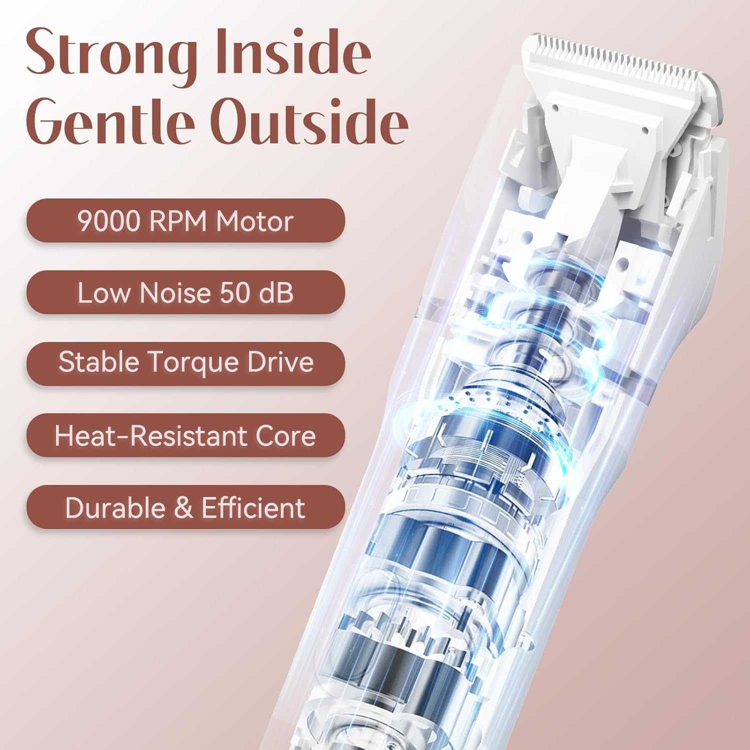 HOHOLE 5-in-1 trimmer internal motor design with labeled features: 9000 RPM motor, low noise 50 dB, stable torque drive, heat-resistant core, and durable efficient performance. Text: “Strong Inside, Gentle Outside.”