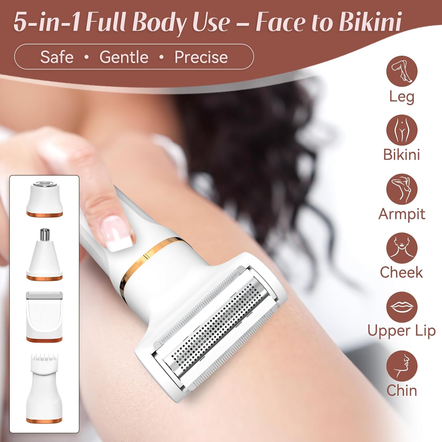 HOHOLE 5-in-1 waterproof trimmer shown for full body use, including legs, bikini, armpits, cheeks, upper lip, and chin. Features safe, gentle, and precise trimming with multiple interchangeable heads.
