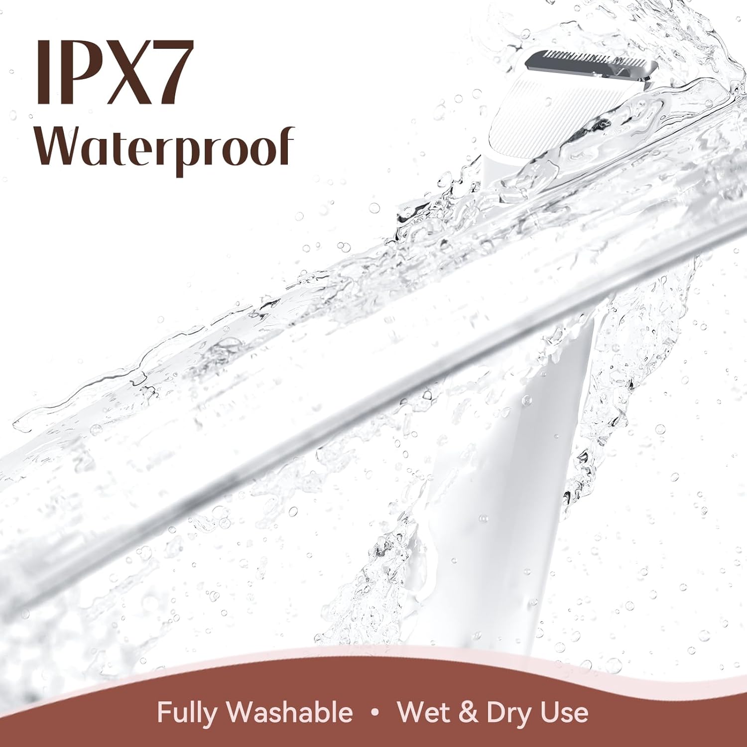 HOHOLE 5-in-1 trimmer with IPX7 waterproof rating shown under splashing water, highlighting its fully washable design and wet & dry use capabilities.