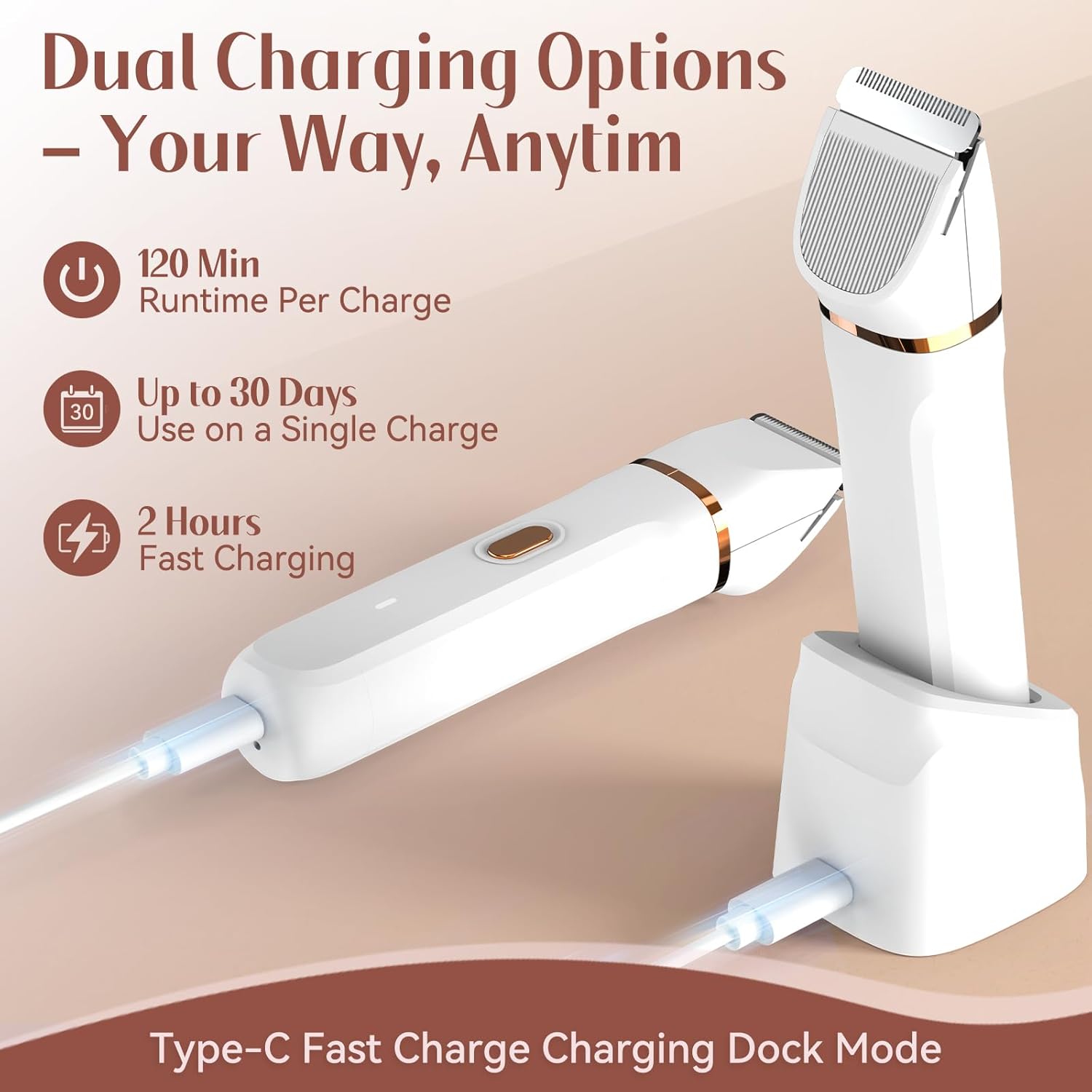 HOHOLE 5-in-1 trimmer showing dual charging options with Type-C cable and dock, featuring 120 min runtime, 30 days use per charge, and 2-hour fast charging.