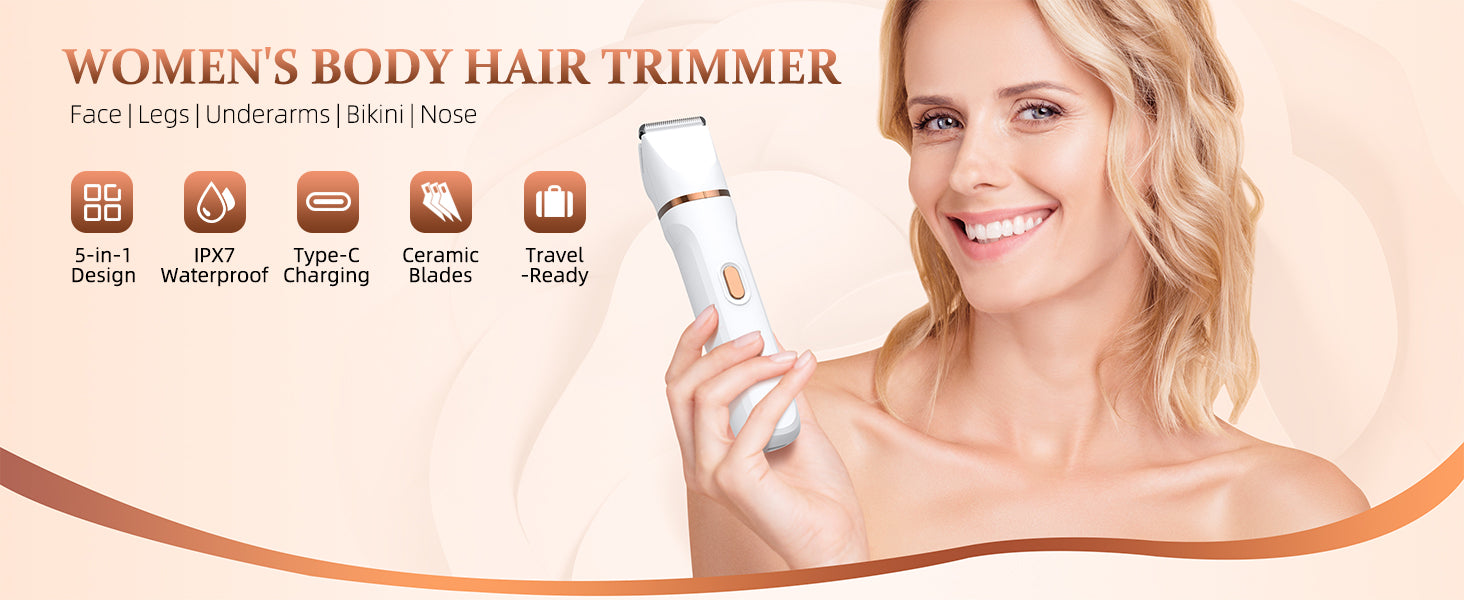 HOHOLE women’s 5-in-1 body hair trimmer with Type-C charging, ceramic blades, IPX7 waterproof design, and travel-ready features, shown with a smiling woman holding the device.