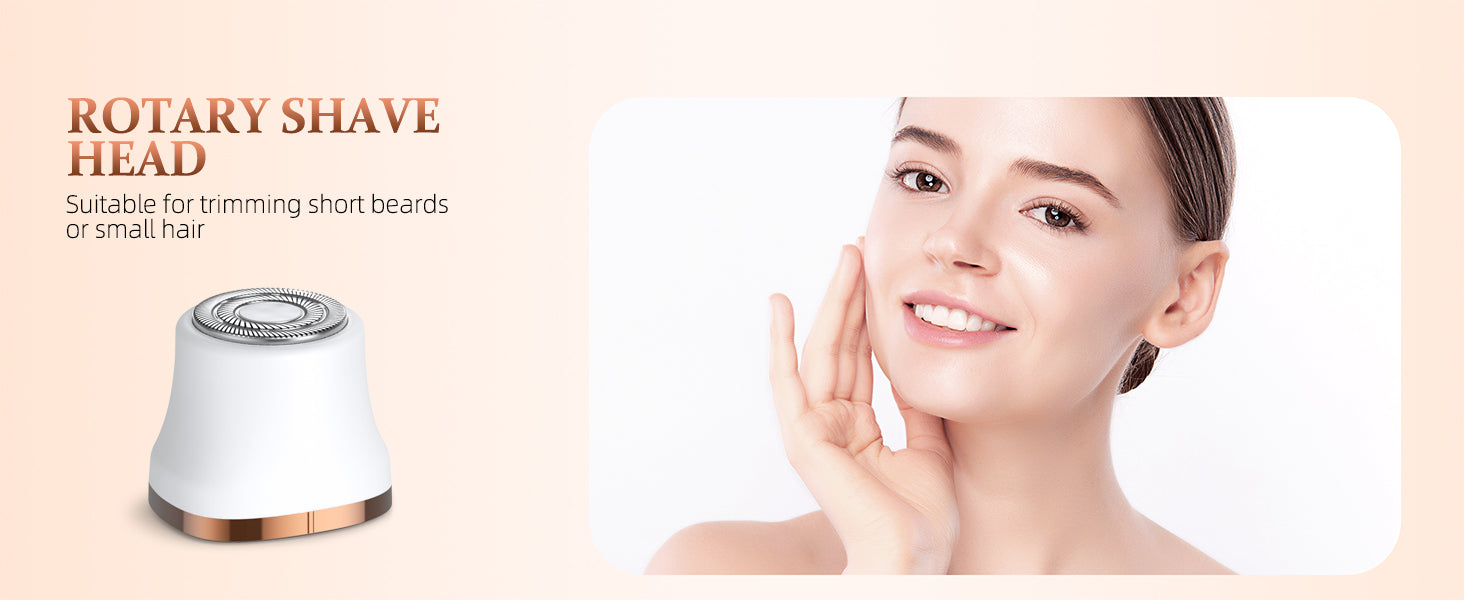 HOHOLE rotary shave head attachment suitable for trimming short beards or small facial hair, shown next to a smiling woman touching her smooth skin.