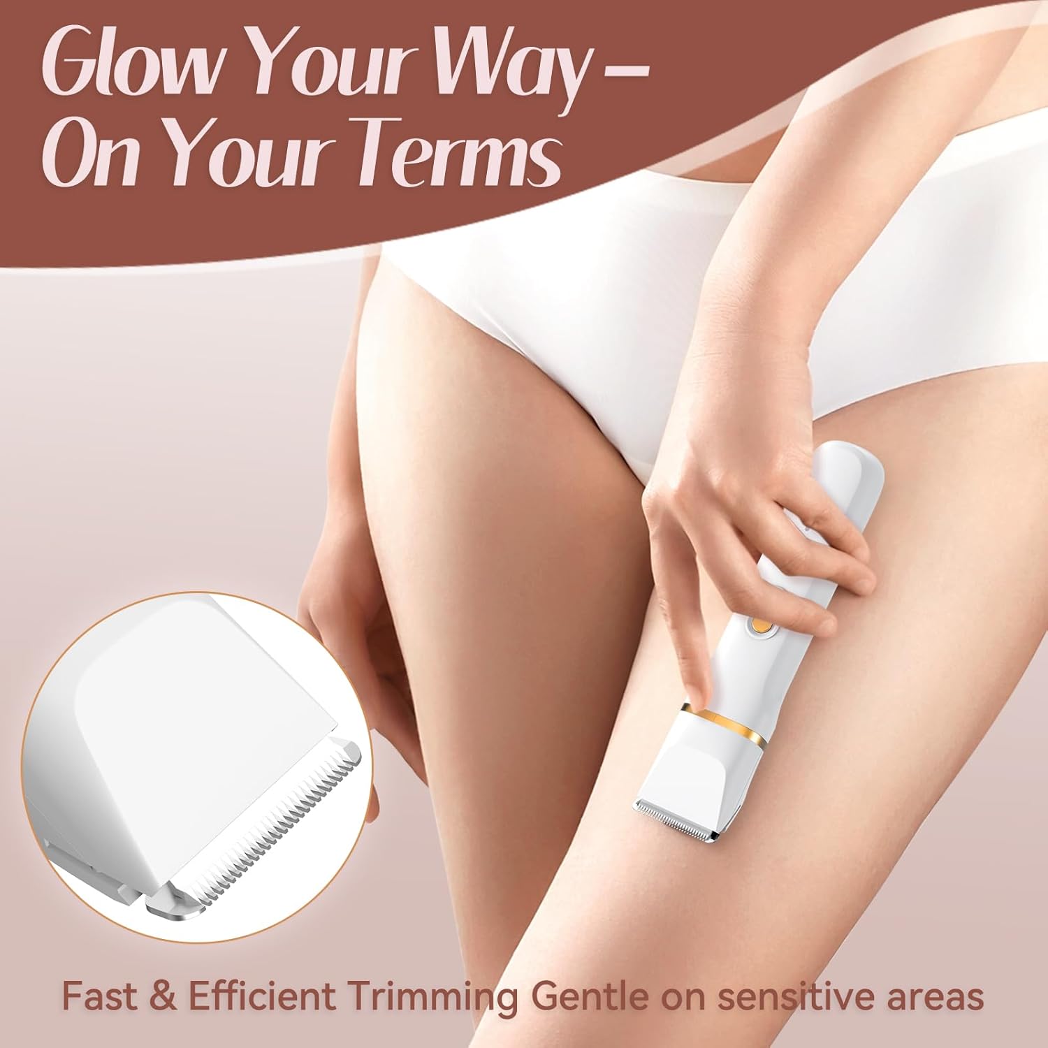 HOHOLE 5-in-1 waterproof trimmer being used on legs, showing fast and efficient trimming that’s gentle on sensitive areas, with the text “Glow Your Way – On Your Terms.”