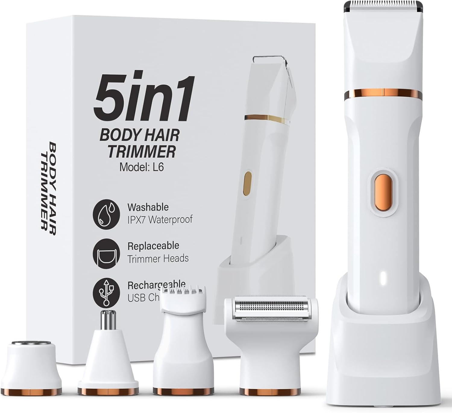HOHOLE 5-in-1 body hair trimmer set with multiple interchangeable heads, IPX7 waterproof design, USB rechargeable base, and packaging box shown