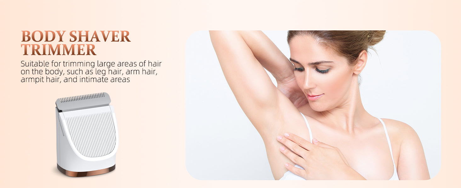 HOHOLE body shaver trimmer attachment suitable for trimming large areas like legs, arms, armpits, and intimate areas, shown next to a woman touching her smooth underarm.