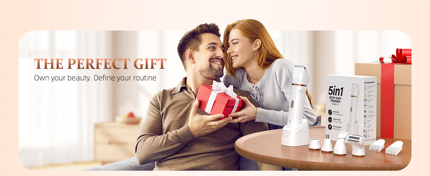 Couple exchanging a gift featuring the HOHOLE 5-in-1 body hair trimmer set — the perfect present for personal care.