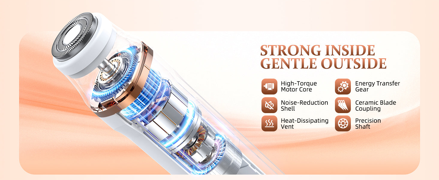 HOHOLE trimmer internal structure with high-torque motor, noise-reduction shell, heat-dissipating vent, energy transfer gear, ceramic blade coupling, and precision shaft. Text: “Strong Inside, Gentle Outside.”