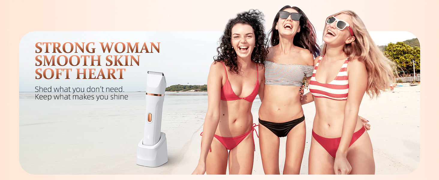 Three smiling women on the beach in swimsuits next to the HOHOLE 5-in-1 body hair trimmer. Text: “Strong Woman, Smooth Skin, Soft Heart. Shed what you don’t need. Keep what makes you shine.”